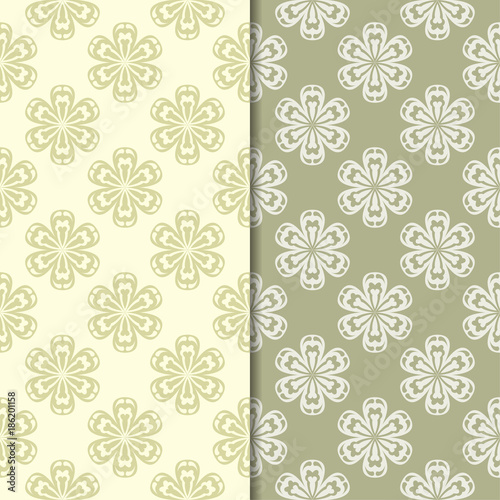 Olive green floral backgrounds. Set of seamless patterns