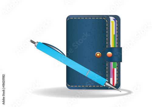 Realistic blue pen, Notepad personal - Organizer - isolated on white background - vector art illustration
