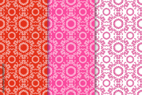 Set of pink floral ornaments. Vertical seamless patterns