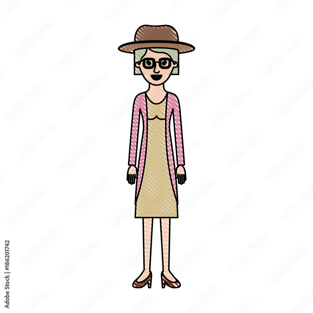 woman with hat and glasses and blouse with jacket and skirt and heel shoes with short hair in colored crayon silhouette