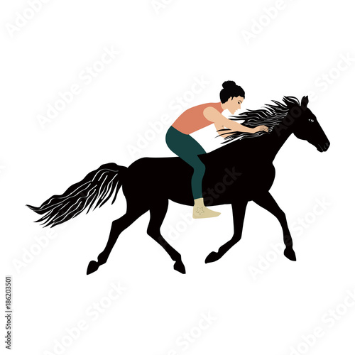 Woman without saddle on a galloping horse - isolated on white background - art vector illustration.