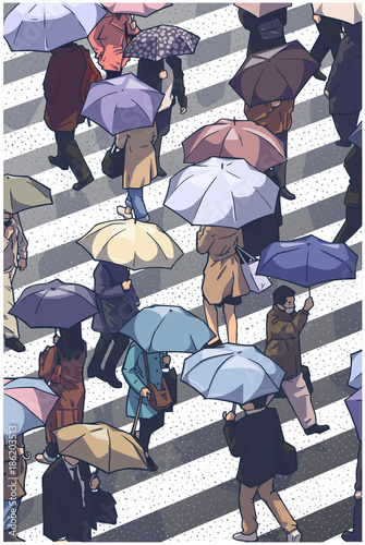 Illustration of city crowd in rainy weather crossing zebra and holding umbrellas in color