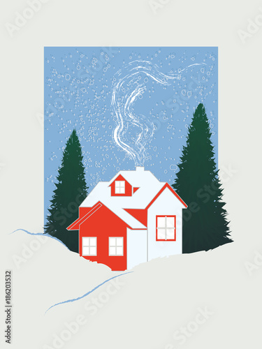 Winter landscape - home, from a tube goes smoke, fir-tree - abstract art, vector illustration. Christmas, New Year, Banner