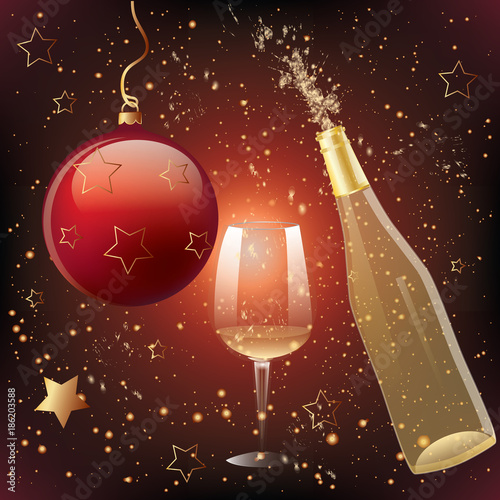Christmas ball realistic, Bottle of champagne with splashes, glass of wine, red background with gold sparkles - art vector illustration. Festive poster. Banner.