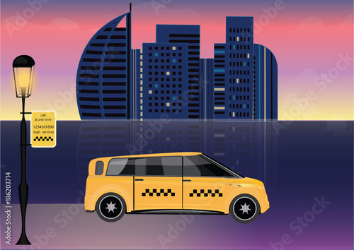 Taxi, lantern, billboard, night, city, reflection in water - art modern vector illustration.