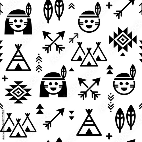          
Indian vector seamless pattern for boys and girls, native American background with teepee and arrows 