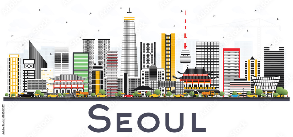 Seoul Korea City Skyline with Color Buildings Isolated on White Background.