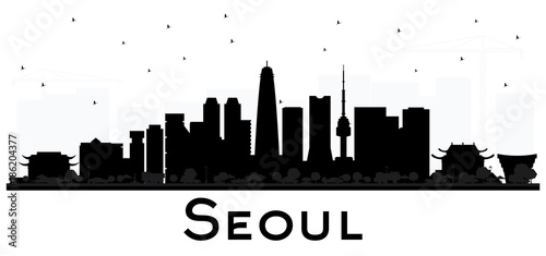 Seoul Korea City skyline black and white silhouette with Reflections.