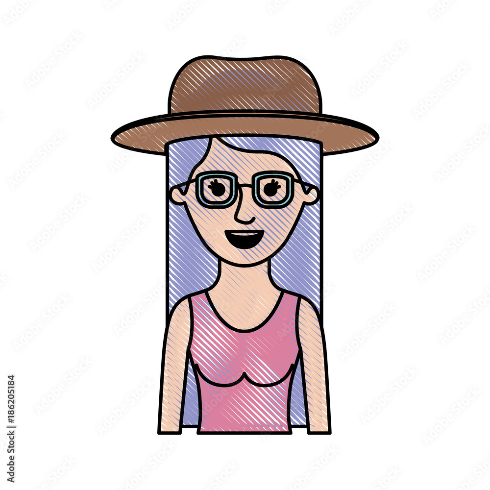 woman half body with hat and glasses with t-shirt sleeveless and long straight hair in colored crayon silhouette