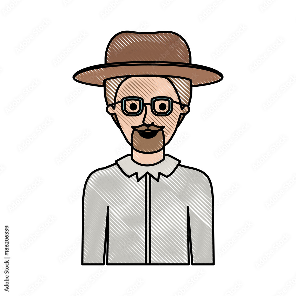 man half body with hat and glasses and shirt with short hair and goatee beard in colored crayon silhouette