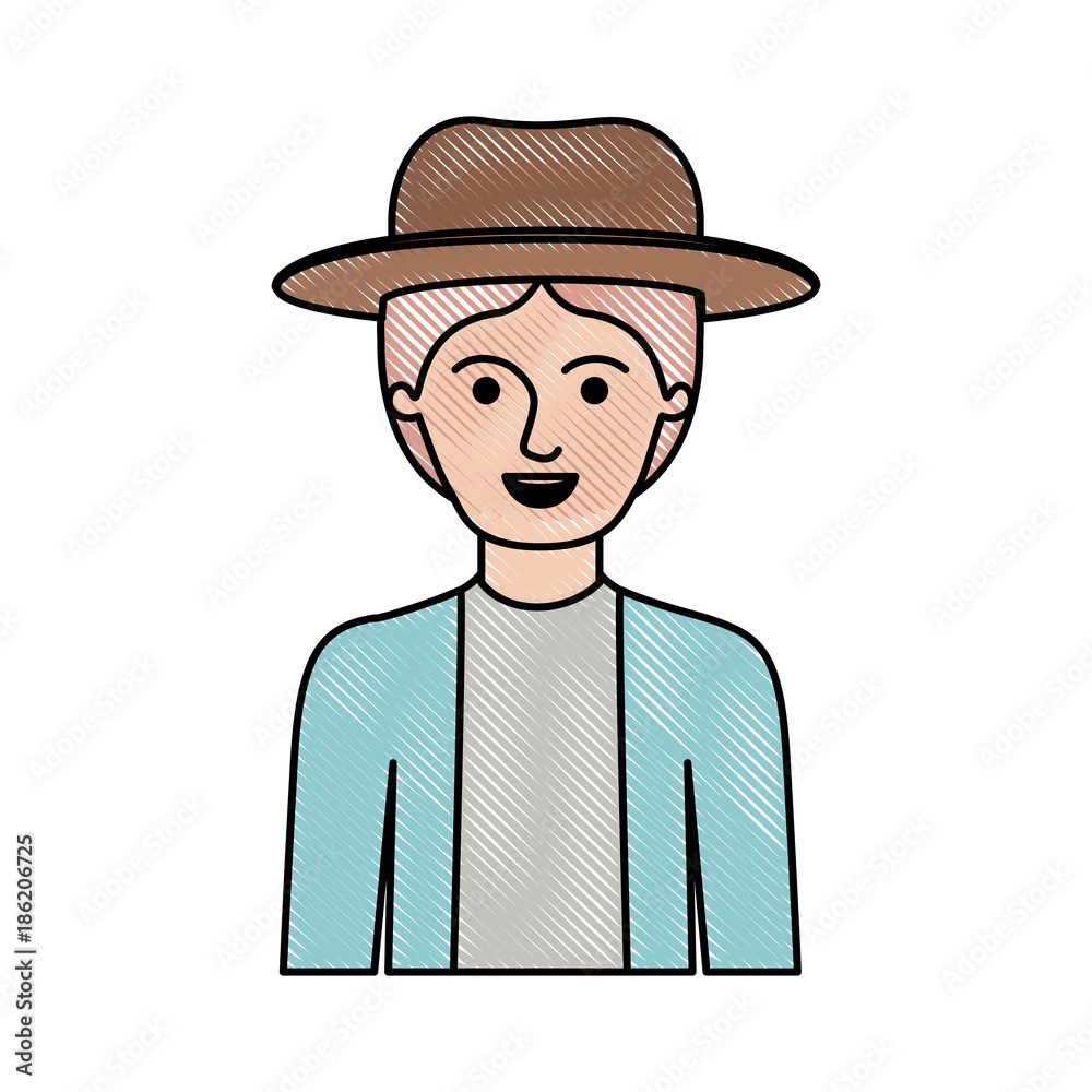 man half body with hat and jacket with short hair in colored crayon silhouette