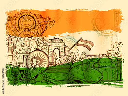 India background showing its incredible culture and diversity with monument, dance and festival