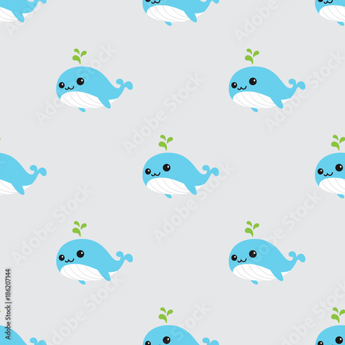 Cute Whales Seamless Pattern vector dolphin shark ocean wallpaper background cartoon grey