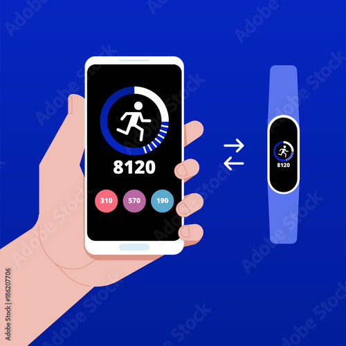 Wrist band bracelet with run activity and fitness tracking app on mobile phone