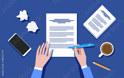 Writer writing on paper sheet vector illustration