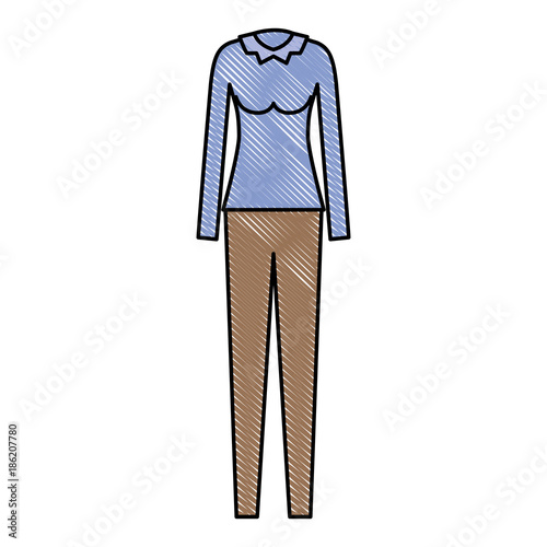 female clothes with pant and blouse long sleeve in colored crayon silhouette