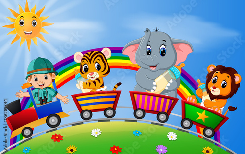 adventurer and animals on the train with rainbow  illustration