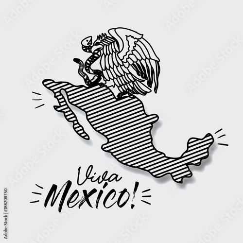 viva mexico poster with map striped and emblem of eagle with snake in black silhouette