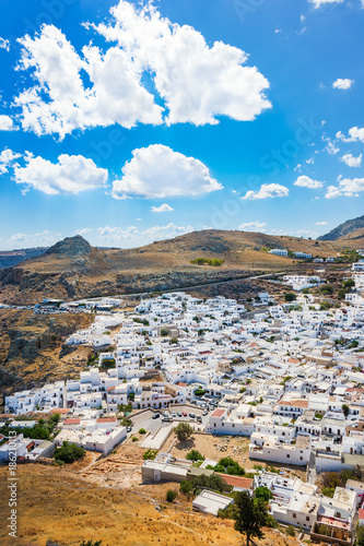 Colorful view of Lindos village and its traditional white architecture (Rhodes, Greece)