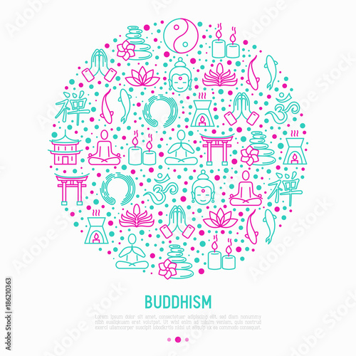 Buddhism concept in circle with thin line icons: yoga, meditation, Buddha, Yin-Yang, candles, Aum letter, aromatherapy, pagoda, temple. Modern vector illustration for web page template.