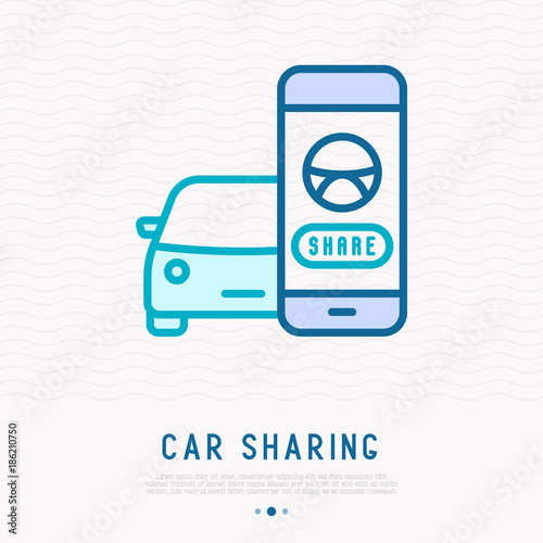 Car sharing concept: searching a car through mobile app thin line icon. Vector illustration.