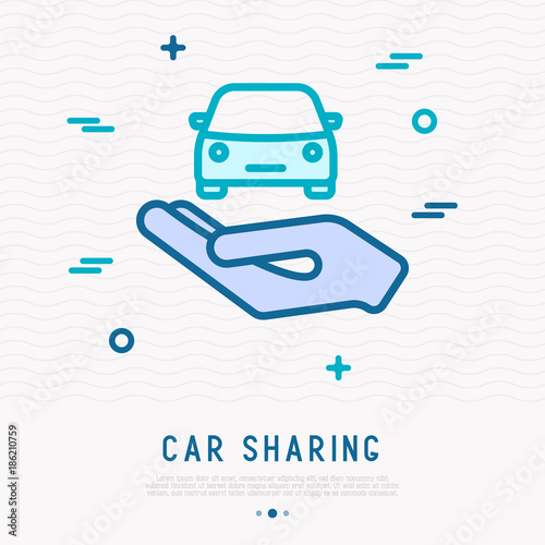 Car in hand thin line icon: symbol of car sharing, service, insurance. Modern vector illustration.