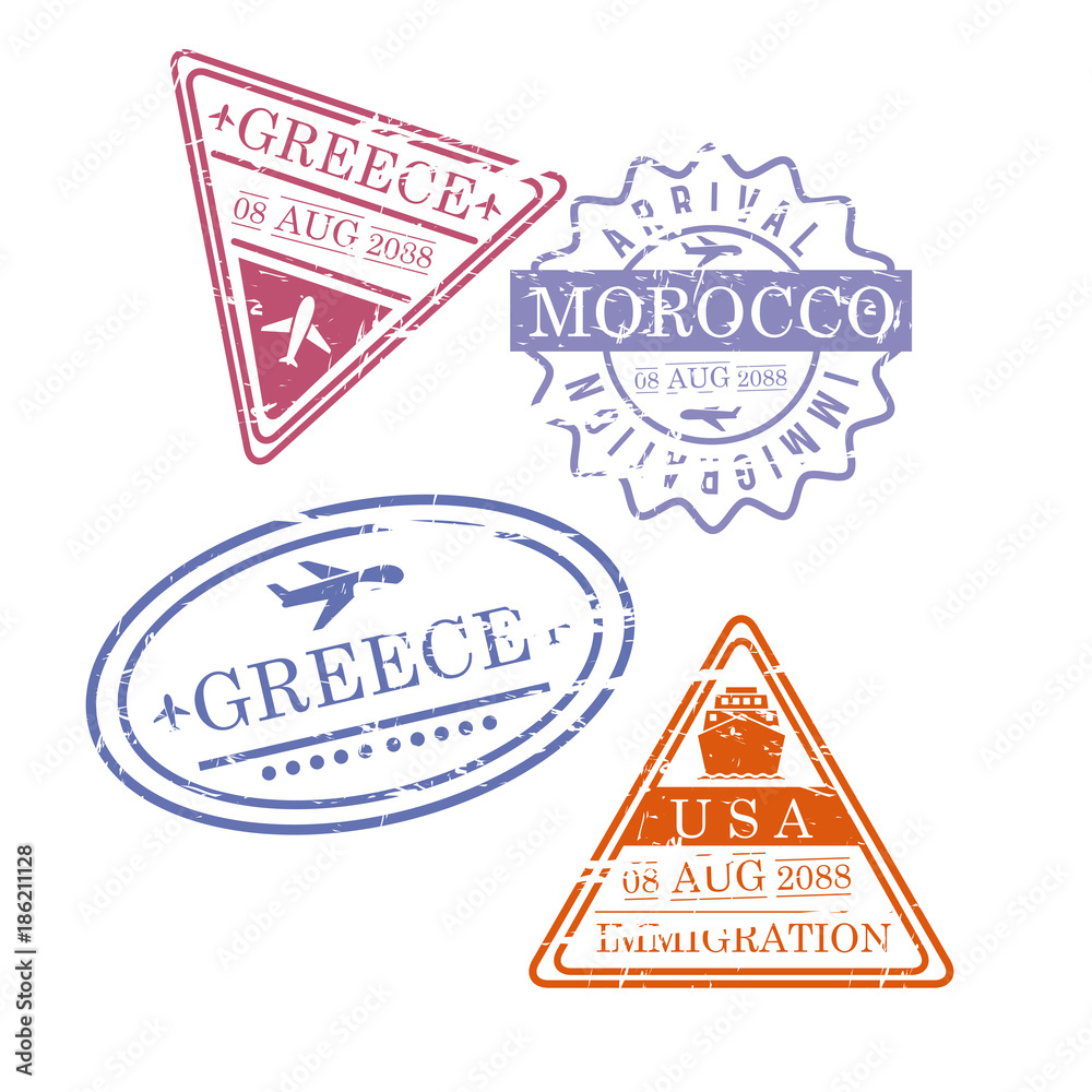 Fototapeta premium airplane travel stamps greece morocco usa in colorful silhouette