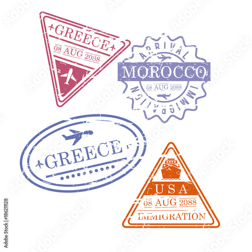 airplane travel stamps greece morocco usa in colorful silhouette