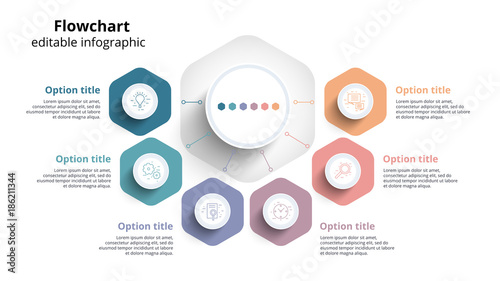 Business process chart infographics with 6 step segments. Circular corporate timeline infograph elements. Company presentation slide template. Modern vector info graphic layout design.