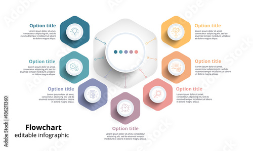 Business process chart infographics with 7 step segments. Circular corporate timeline infograph elements. Company presentation slide template. Modern vector info graphic layout design.