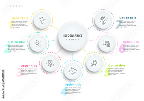 Business process chart infographics with 7 step segments. Circular corporate timeline infograph elements. Company presentation slide template. Modern vector info graphic layout design.