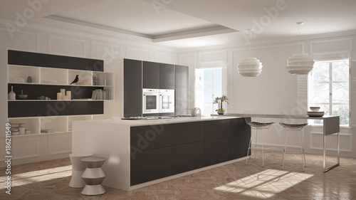 Modern kitchen furniture in classic room  old parquet  minimalist architecture  white and gray interior design