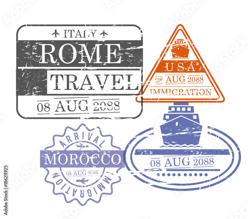 ship and airplane travel stamps of rome usa and morocco in colorful silhouette