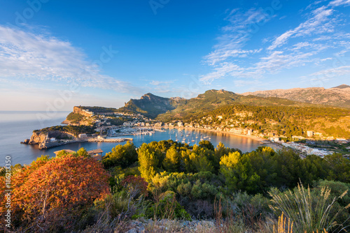 High Angle View on Port de Soller Mallorca at Sunset  photo