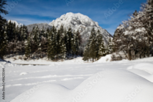 alpine mountain pass winter scenery landscape by lake lago del predil in sunny blue sky in snowfall, italy © Barbara C