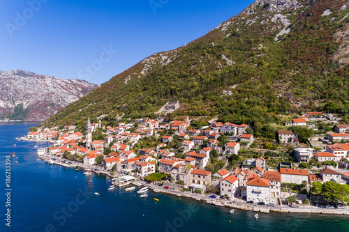 Aerial view of the Bay of Kotor and town of Perast, Montenegro © alexkazachok