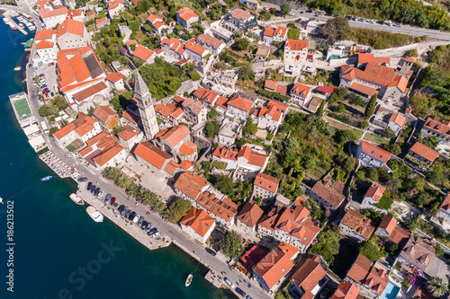 Aerial view of the Bay of Kotor and town of Perast, Montenegro