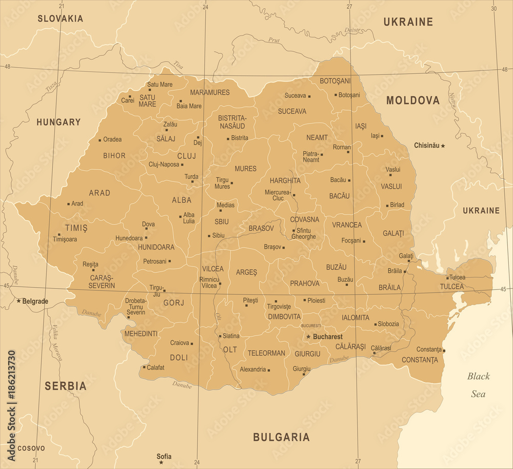 Obraz premium Romania Map - Vintage Detailed Vector Illustration