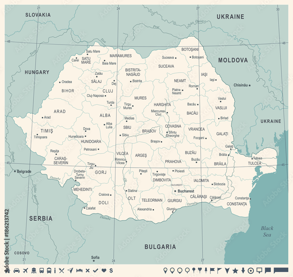 Fototapeta premium Romania Map - Vintage Detailed Vector Illustration