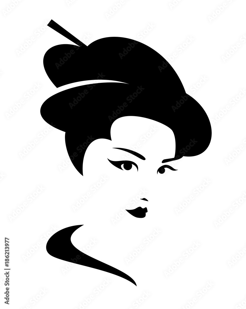 beautiful geisha woman portrait - black and white vector design Stock ...