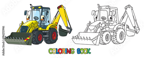 Funny constuction tractor with eyes. Coloring book