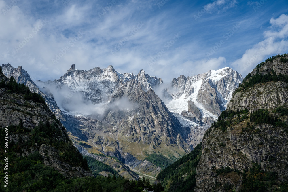 Spectacular view of the Mont Blanc mountain range from Courmayeur, Italy
