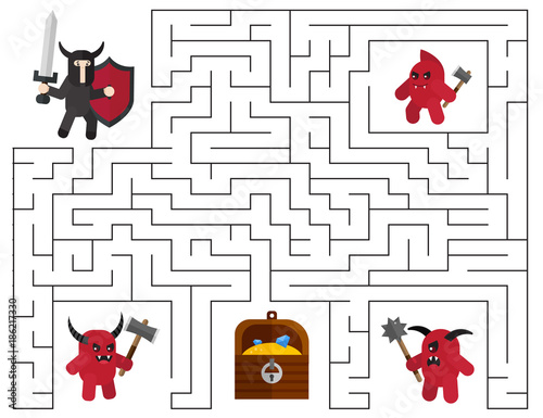 Cartoon maze for children. Help knight find treasure, be aware of demons! Educational game. Vector illustration.