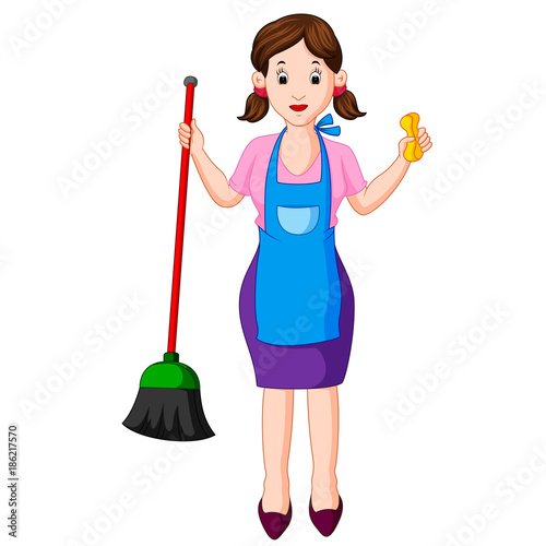 young housewife with broom
