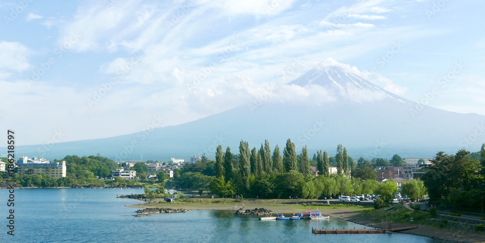 The Japan public park, lake and mountain fuji with snow peak