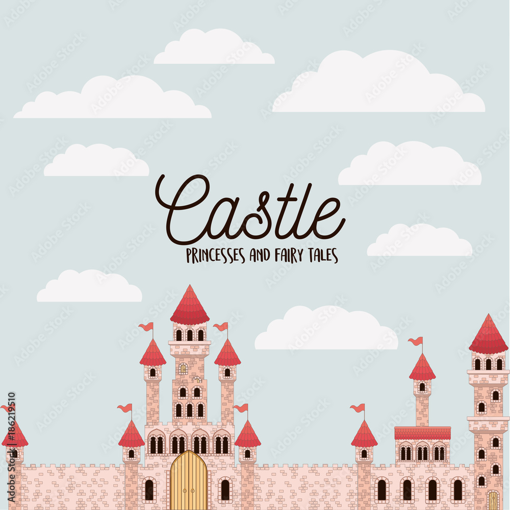 poster of pink castle princesses and fairy tales with castle and colorful sky background