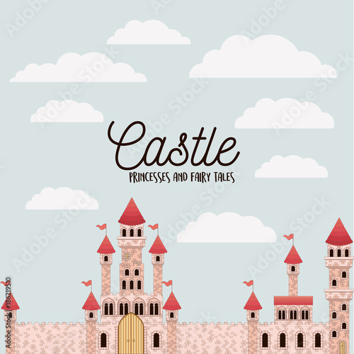 poster of pink castle princesses and fairy tales with castle and colorful sky background