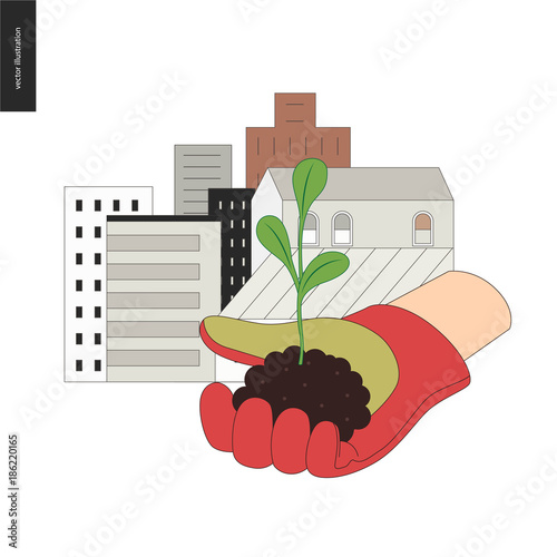 Urban farming, gardening or agriculture. Sign logo - a hand wearing gauntlet holding a sprout, with city buildings on the background