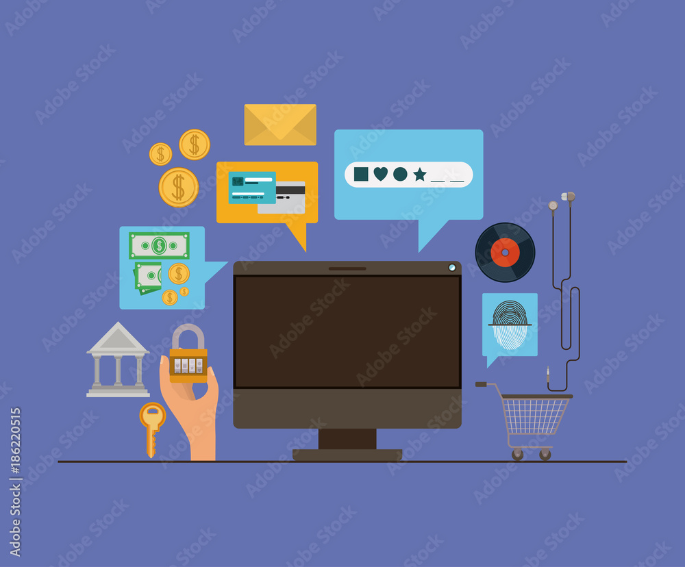mobile security with desktop computer and secure apps in violet color background mobile security with desktop computer and secure apps in violet color background