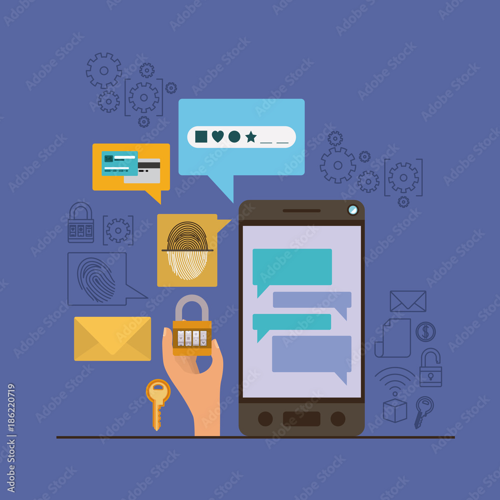 mobile security with smartphone and secure apps in violet color background mobile security with smartphone and secure apps in violet color background